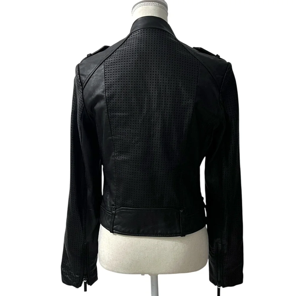 Michael Kors Black Leather Perforated‎ Moto Biker Jacket Small Zip Up Epaulettes